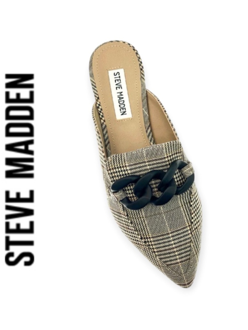 STEVE MADDEN FLEUR PLAID CHAIN MULE FLATS POINTED TOE SLIP ON LOAFER 9.5